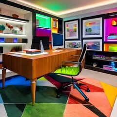A retro, 1980s-inspired home office with neon accents, Memphis design elements, and vintage tech3, Generative AI