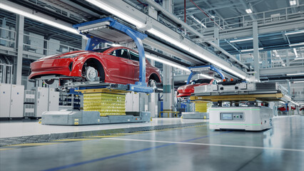 EV Production Line on Advanced Automated Smart Factory. High Performance Electric Car Manufacturing. Car Batteries Installation to Electric Vehicles on Assembly line. AGV Transport Batteries. - obrazy, fototapety, plakaty