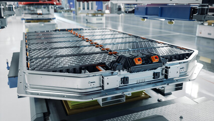 Generic EV Battery Pack on Electric Car Production Line inside Modern Factory. High Capacity...