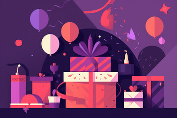 Birthday gift with boxes, card in purple colors. AI generative
