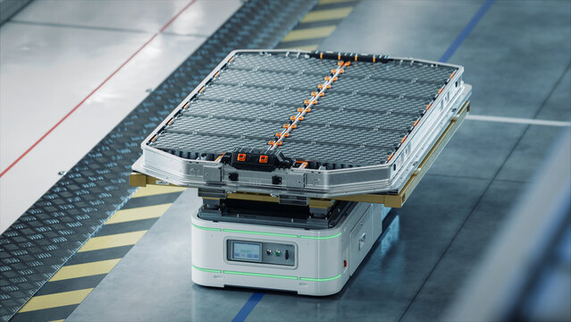 Autonomous AGV Transports Battery Pack on EV Production Line on Advanced Smart Factory. Electric Vehicle Assembly line. Automated Guided Vehicle in Industrial Environment. Electric Car Manufacturing.