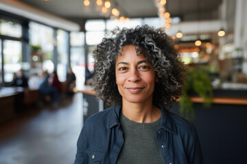 Fototapeta premium Portrait of a young black woman entrepreneur with curly hair.