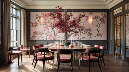 A dining room with a large floral wallpaper