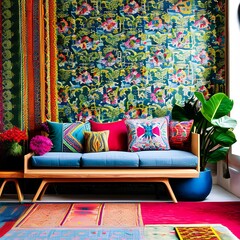 A colorful, boho-chic living room with eclectic decor, patterned textiles, and floor cushions1, Generative AI