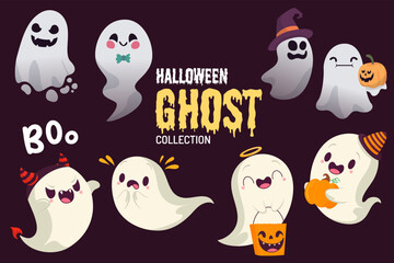 Happy Halloween Party Greeting Collection with Cute Ghost and Fancy hat. Holidays cartoon character. Suitable for event, poster, and banner