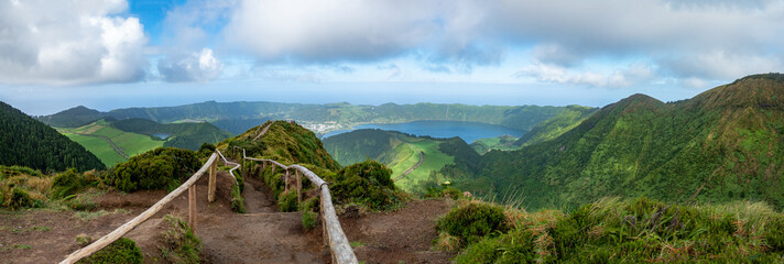 View of Sete Cidades near Miradouro da Grota do Inferno viewpoint, Sao Miguel Island, Azores, Portugal
