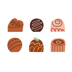 Chocolate candies hand drawn collection, doodle icons of delicious sweets with different icing, vector illustrations of candy, present for Valentines and Christmas, box of chocolates