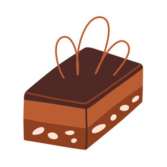 Chocolate cake icon, vector illustration of brownie, doodle piece of cake with chocolate icing, confectionary product with cocoa, sweet dessert with decoration, isolated colored clipart