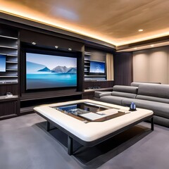 A high-tech media room with a massive screen, comfortable recliners, and immersive sound systems4, Generative AI