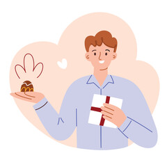 Man with chocolate candy, christmas gift icon, box of chocolates vector illustration, truffles and toffees doodles, sweet food for Valentines, happy male character with delicious present