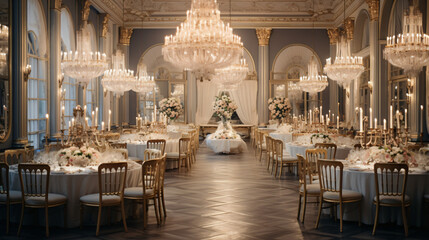A fancy banquet hall with a chandelier and tables