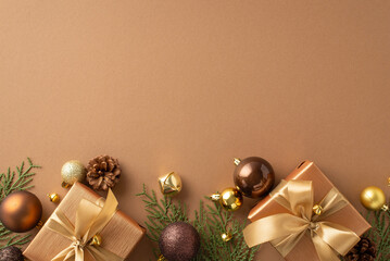 Indulge in festive season with touch of class. Top view of exquisite gift boxes, rich brown and gold balls, jingle bells, coniferous twigs on sumptuous brown backdrop, space for holiday wishes or ad - obrazy, fototapety, plakaty