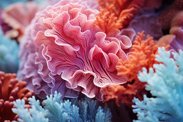 Extreme closeup of coral bushes with highly detailed and vivid colors