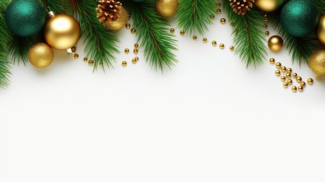 Spruce branches, cones and Christmas decoration gold ball isolated white background.AI generated
