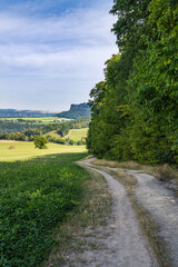 .Amazing landscape of green fields, trees. A path leading into the distance. A mountainous landscape is visible ahead. Saxon Switzerland, Germany, Lilienstei