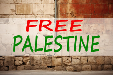 Free Palestine text on brick wall background. Concept of Israeli-Palestinian conflict.
