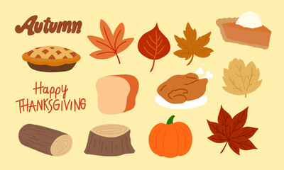 Hand drawn Thanksgiving illustrations including turkey chicken, pie, pumpkin, bread, autumn leaves and timber wood for holidays icon, sticker, decoration, logo, restaurant, cooking, menu, recipe, etc.