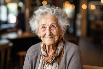 Portrait of a beautiful healthy centenarian old woman of European descent, gently smiling, feeling...