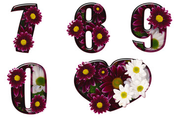 Floral numbers made from different colors of flowers