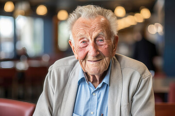 Healthy centenarian old man over 100 years old, gently smiling, feeling positive, showcasing the beauty of aging gracefully and living life to the fullest - obrazy, fototapety, plakaty