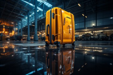 Conceptual art piece that transforms a yellow suitcase on a blue surface into an engaging composition, Generative AI 