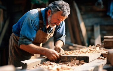 Carpenter in his workshop working with wood. Closeup photo of the process.