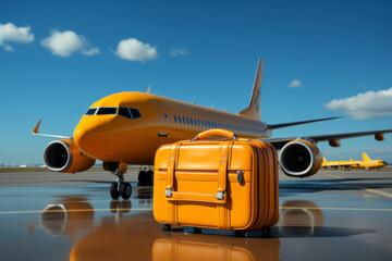 Yellow suitcase presented on a blue surface in a stock photo, Generative AI