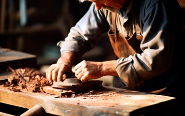 Carpenter in his workshop working with wood. Closeup photo of the process.