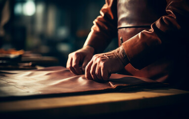 Artisan man working with leather. Closeup photo showing the process of making leather goods.