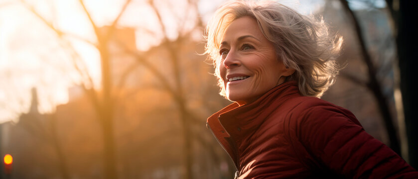 Middle Aged Woman Jogging Workout At The Park. Healthy Lifestyle Concept.