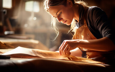 Artisan woman working with leather in workshop. Close up photo of the process of making leather goods.