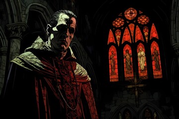 Naklejka premium Fantasy background, an inquisitor in a gloomy church