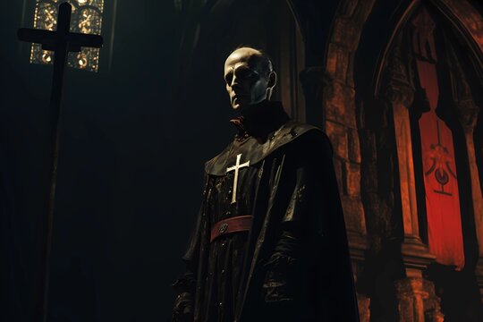 Fantasy background, an inquisitor in a gloomy church