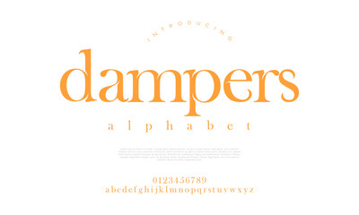 Dampers premium luxury elegant alphabet letters and numbers. Elegant wedding typography classic serif font decorative vintage retro. Creative vector illustration