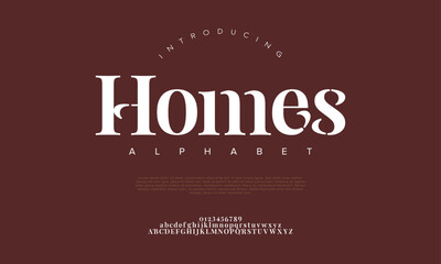 Homes premium luxury elegant alphabet letters and numbers. Elegant wedding typography classic serif font decorative vintage retro. Creative vector illustration