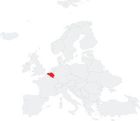 Red CMYK national map of BELGIUM inside gray blank political map of European continent on transparent background using Robinson projection