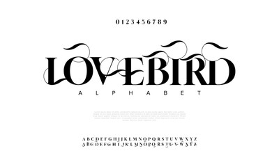 Lovebird premium luxury elegant alphabet letters and numbers. Elegant wedding typography classic serif font decorative vintage retro. Creative vector illustration