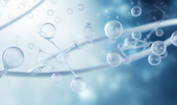 Cosmetic Essence, Liquid bubble, Molecule inside Liquid Bubble on DNA water splash background, 3d rendering, Generative AI