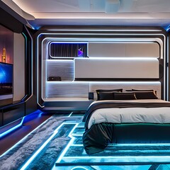 A futuristic, sci-fi-themed bedroom with LED lighting, metallic accents, and high-tech gadgets1, Generative AI