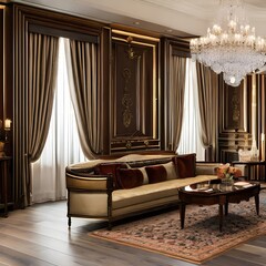 A classic, elegant living room with chandeliers, ornate furniture, and rich, dark wood paneling1, Generative AI