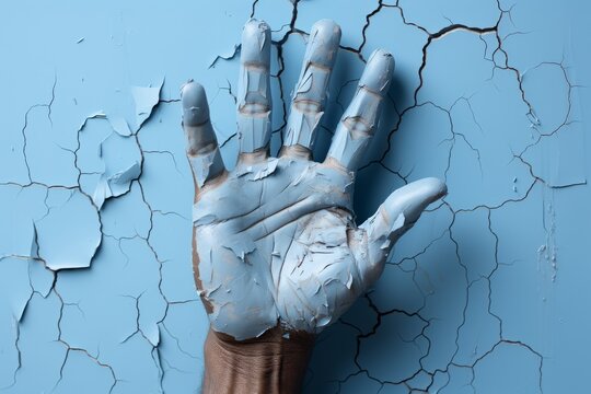 Moving stock photo capturing a hand gesture through a hole in blue paper, on a clear pastel background, Generative AI