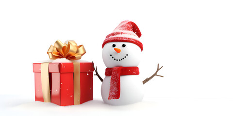 snowman with gift box - obrazy, fototapety, plakaty