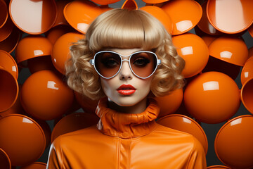 Fashion retro futuristic girl on circle pop art background. Woman in sunglasses in surrealistic...