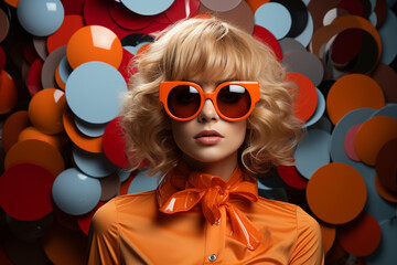 Fashion retro futuristic girl on circle pop art background. Woman in sunglasses in surrealistic 60s-70s disco club culture 