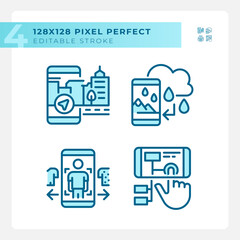 2D pixel perfect blue icons collection representing VR, AR and MR, editable thin line illustration.