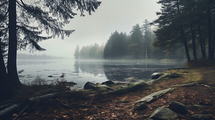 A foggy lake with trees