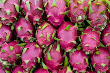 Dragon fruit are stacked in supermarket