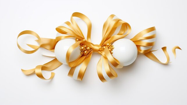 Christmas balls with gold ribbon isolated on white background. AI generated image