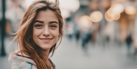 Obraz premium Beautiful American good woman nice fashion half body eye contact and background empty space for design in USA