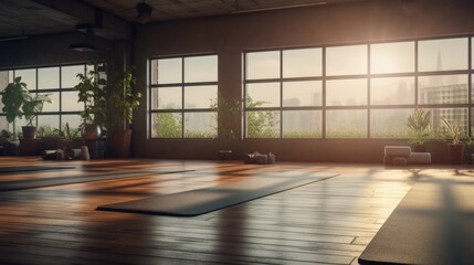 empty yoga training room with yoga mats